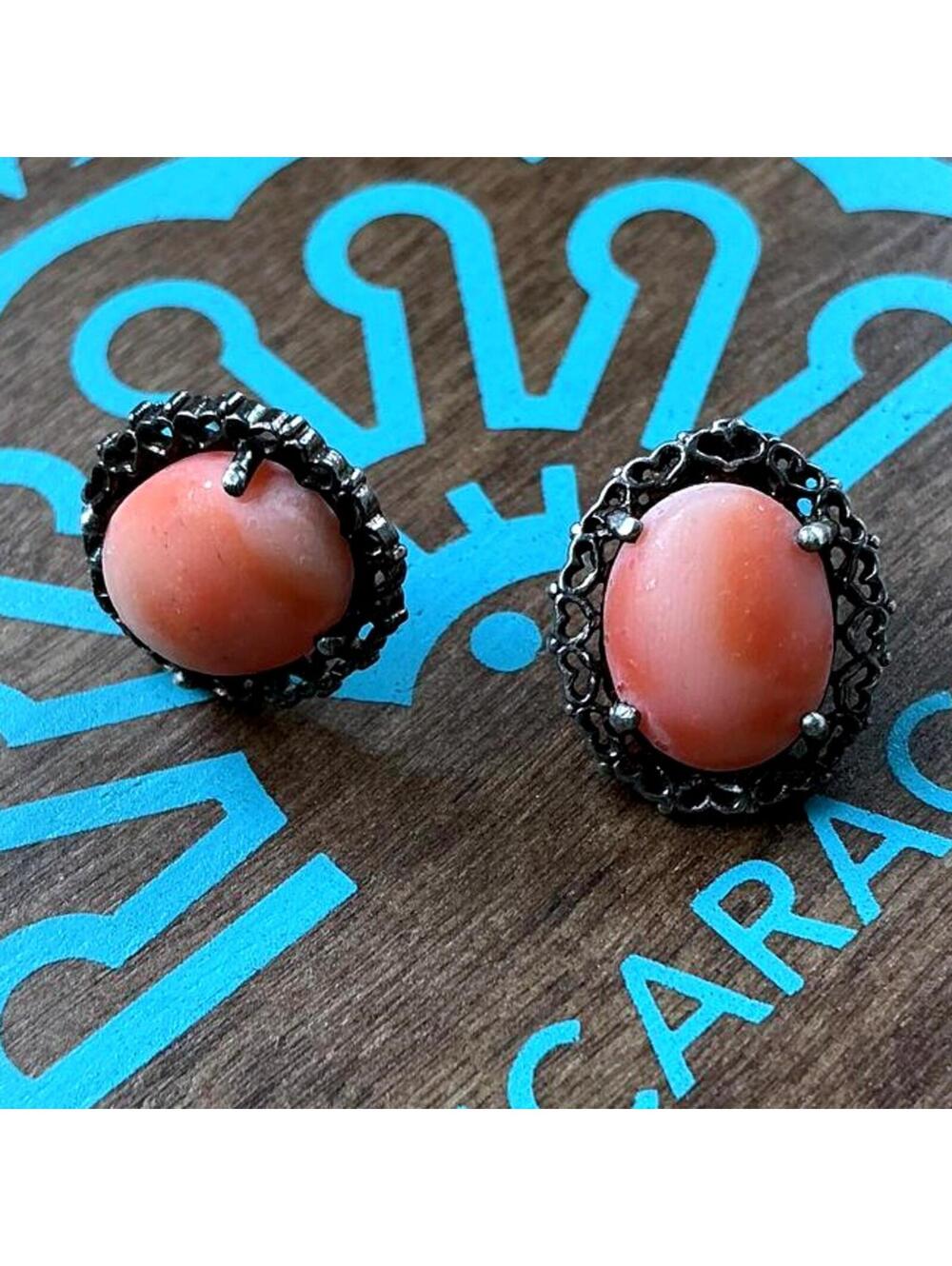Kabana ‘KBN’ Sterling Silver 925 Japanese Angel-skin Coral Stud Oval Earrings